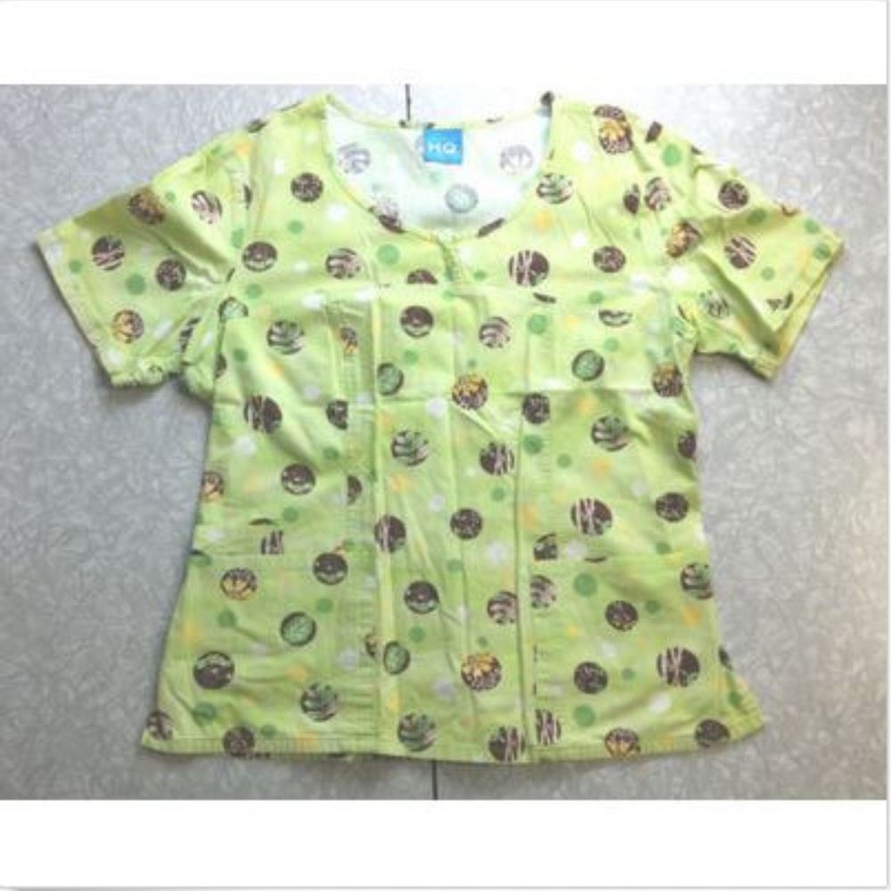 Scrub HQ Women's Scrub Top Size L ~~ Green Bamboo Flowers Cinch Back 3 Pockets